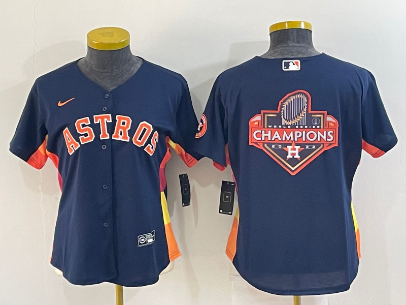 Women's Houston Astros Navy 2022 World Series Champions Team Big Logo Cool Base Stitched Baseball Jersey(Run Small) Women's Houston Astros Navy 2022 World Series Champions Team Big Logo Cool Base Stitched Baseball Jersey(Run Small)